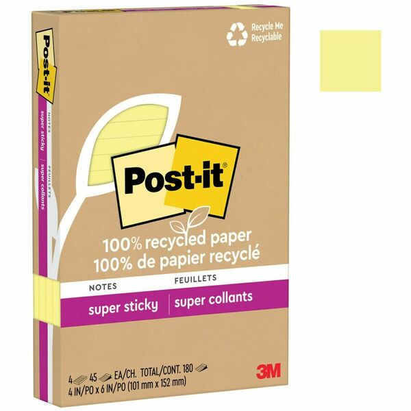 Post-it® Super Sticky Adhesive Note - 4" x 6" - Rectangle - 45 Sheets per Pad - Canary Yellow - Repositionable - 4 / Pack - Recycled