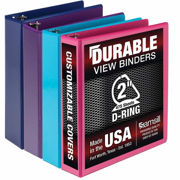 Samsill Durable 2 Inch Binder, Made in the USA, D Ring Customizable Clear View Binder, Fashion Assortment, 4 Pack, Each Holds 475Page (MP46469) - 2" Binder Capacity - Letter - 8 1/2" x 11" Sheet Size - 475 Sheet Capacity - 2" Ring - 3 x D-Ring Fastener(s) - 2 Internal Pocket(s) - Polypropylene, Chipboard - Assorted - Durable, Clear Overlay, Ink-transfer Resistant, Wear Resistant, Tear Resistant - 4 / Pack