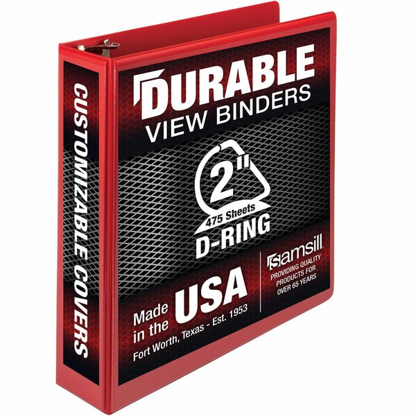 Samsill Durable Three-Ring View Binder - 2" Binder Capacity - 475 Sheet Capacity - 3 x D-Ring Fastener(s) - 2 Internal Pocket(s) - Polypropylene, Chipboard - Red - Yes - Durable, PVC-free, Ink-transfer Resistant, Clear Overlay, Sturdy - 1 Each