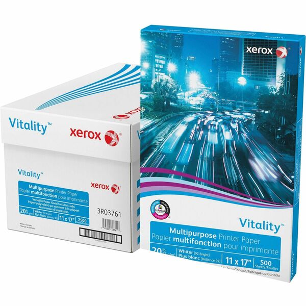 Xerox Vitality Multipurpose Printer Paper - 92 Brightness - 11" x 17" - 20 lb Basis Weight - 75 g/m² Grammage - 5 / Carton - 500 Sheets per Ream - ColorLok Technology, Jam-free, Plain - White