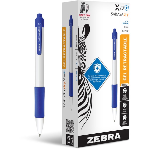 Zebra SARASA dry X20  Retractable Gel Pen - Medium Pen Point - 0.7 mm Pen Point Size - Conical Pen Point Style - Retractable - Blue Gel-based Ink - White Plastic Barrel - 12 / Dozen
