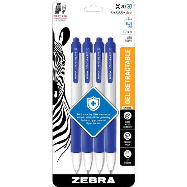 Zebra SARASA dry X20  Retractable Gel Pen - Medium Pen Point - 0.7 mm Pen Point Size - Retractable - Blue Gel-based Ink - Plastic Barrel - 4 / Pack