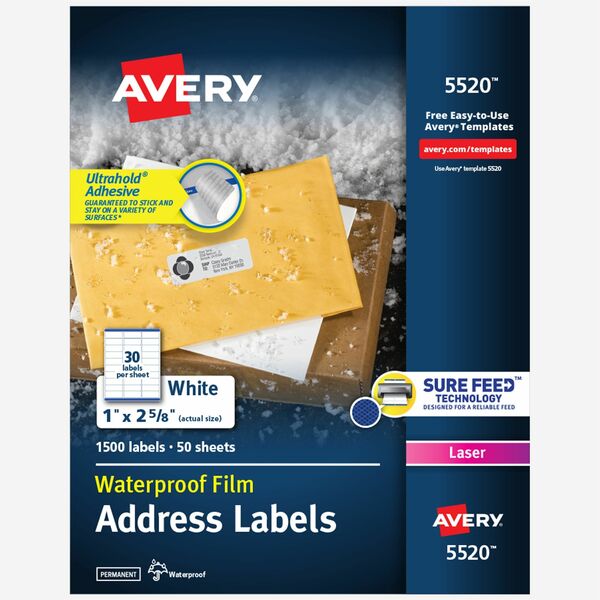Avery® 1" x 2-5/8" Labels, Ultrahold, 1,500 Labels (5520) - Waterproof - 1" Width x 2 5/8" Length - Permanent Adhesive - Rectangle - Laser - White - Film - 30 / Sheet - 50 Total Sheets - 1500 Total Label(s) - 5 - Permanent Adhesive, Durable, Stick & Stay, Customizable, Scuff Resistant, Tear Resistant, Smudge Resistant, Jam Resistant