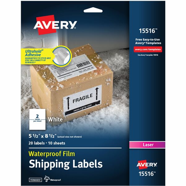 Avery® 5-1/2" x 8-1/2" Labels, Ultrahold, 20 Labels (15516) - Waterproof - 5 1/2" Width x 8 1/2" Length - Permanent Adhesive - Rectangle - Laser - White - Film - 2 / Sheet - 10 Total Sheets - 20 Total Label(s) - 5 - Permanent Adhesive, Durable, Stick & Stay, Customizable, Scuff Resistant, Tear Resistant, Smudge Resistant