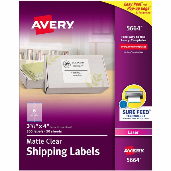 Avery® Avery® Clear Shipping Labels, Sure Feed, 3-1/3" x 4" 300 Labels (15664) - 3 21/64" Width x 4" Length - Permanent Adhesive - Rectangle - Laser - Clear - Film - 6 / Sheet - 50 Total Sheets - 300 Total Label(s) - 300 / Box - Permanent Adhesive, Jam Resistant, Easy Peel, Pop Up Edge