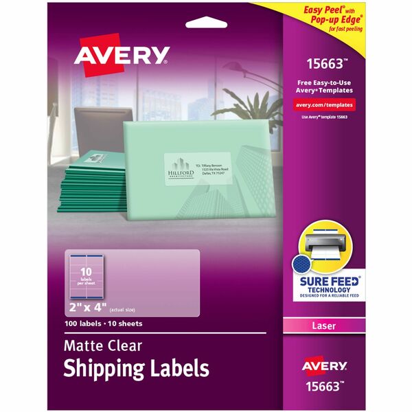 Avery® Clear Shipping Labels, Sure Feed, 2" x 4" , 100 Labels (15663) - 2" Width x 4" Length - Permanent Adhesive - Rectangle - Laser - Clear - Film - 10 / Sheet - 10 Total Sheets - 100 Total Label(s) - 5 - Permanent Adhesive, Jam Resistant, Easy Peel, Pop Up Edge