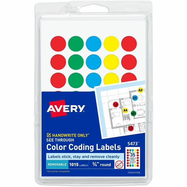 Avery® Color Coded Label - - Width3/4" Diameter - Removable Adhesive - Round - Green, Light Blue, Red, Yellow - Film - 35 / Sheet - 29 Total Sheets - 1015 Total Label(s) - 1000 / Pack