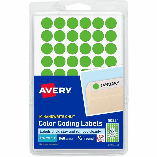 Avery® Color-Coding Labels - - Height1/2" Diameter - Removable Adhesive - Round - Neon Green - Paper - 60 / Sheet - 840 / Pack - Self-adhesive