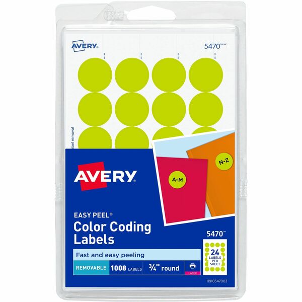 Avery® Color-Coding Labels - - Height3/4" Diameter - Removable Adhesive - Round - Laser - Neon Yellow - 24 / Sheet - 1008 / Pack