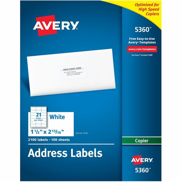 Avery® Copier Address Labels - 1 1/2" Width x 2 13/16" Length - Permanent Adhesive - Rectangle - White - Paper - 21 / Sheet - 100 Total Sheets - 2100 Total Label(s) - 2100 / Box