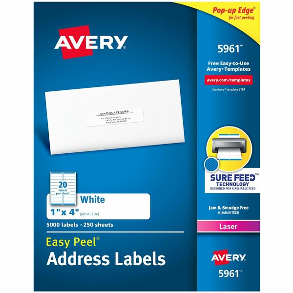 Avery® Easy Peel Address Labels - 1" Width x 4" Length - Permanent Adhesive - Rectangle - Laser - White - Paper - 20 / Sheet - 250 Total Sheets - 5000 Total Label(s) - 5000 / Box