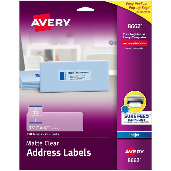Avery® Easy Peel Inkjet Printer Mailing Labels - 1 21/64" Width x 4" Length - Permanent Adhesive - Rectangle - Inkjet - Clear - Film - 14 / Sheet - 10 Total Sheets - 140 Total Label(s) - 5