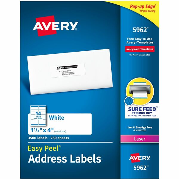 Avery® Easy Peel Mailing Laser Labels - 1 21/64" Width x 4" Length - Permanent Adhesive - Rectangle - Laser - White - Paper - 14 / Sheet - 100 Total Sheets - 1400 Total Label(s) - 1400 / Box