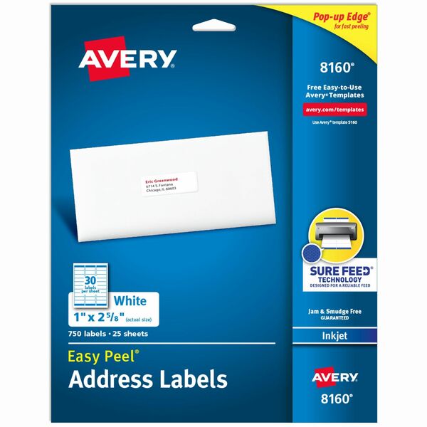 Avery® Easy Peel® Address Labels with Sure Feed™ Technology - 1" Width x 2 5/8" Length - Permanent Adhesive - Rectangle - Inkjet - White - Paper - 30 / Sheet - 25 Total Sheets - 750 Total Label(s) - 750 / Pack