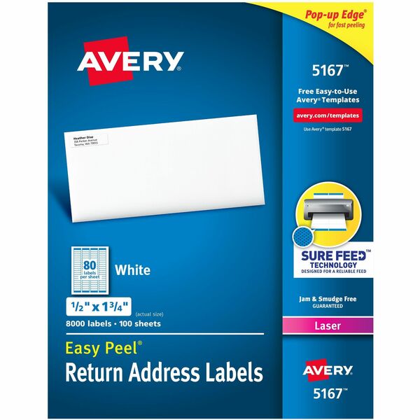 Avery® Easy Peel® Return Address Labels with Sure Feed™ Technology - 1/2" Width x 1 3/4" Length - Permanent Adhesive - Rectangle - Laser - White - Paper - 80 / Sheet - 100 Total Sheets - 8000 Total Label(s) - 8000 / Box