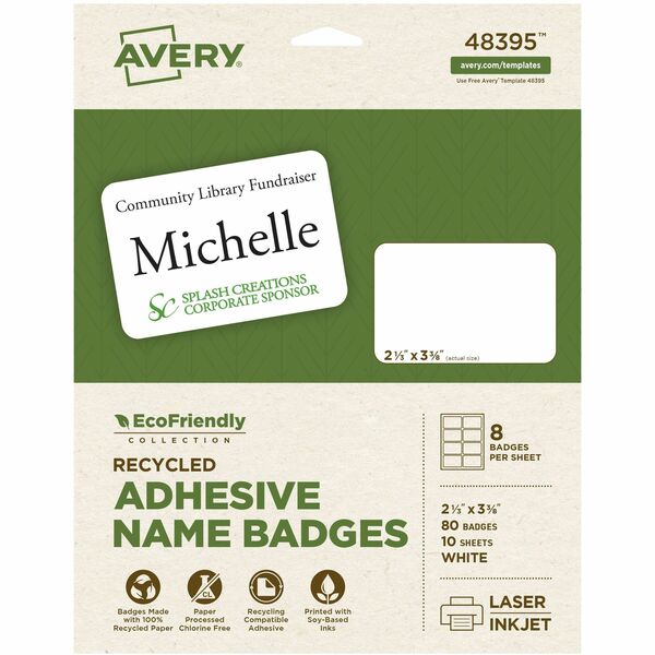 Avery® Eco-friendly Premium Name Badge Labels - 2 21/64" Width x 3 3/8" Length - Removable Adhesive - Rectangle - Laser, Inkjet - White - Paper - 8 / Sheet - 10 Total Sheets - 80 Total Label(s) - 5