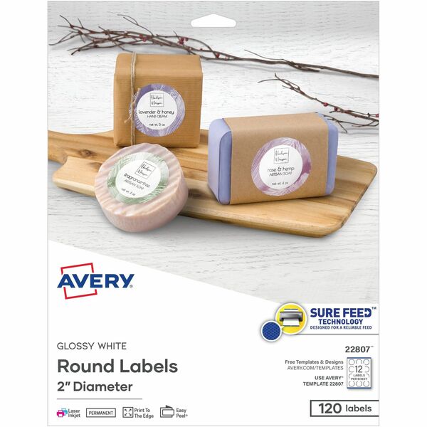Avery® Glossy White Printable Round Labels with Sure Feed™ Technology - - Width2" Diameter - Permanent Adhesive - Round - Laser, Inkjet - Bright White - Paper - 12 / Sheet - 10 Total Sheets - 120 Total Label(s) - 120 / Pack