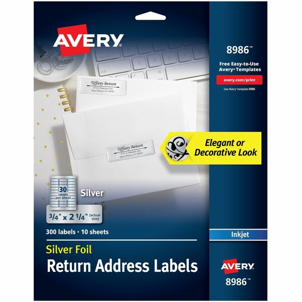 Avery® Gold Foil Mailing Labels - 3/4" Width x 2 1/4" Length - Permanent Adhesive - Rectangle - Inkjet - Silver - Paper - 30 / Sheet - 10 Total Sheets - 300 Total Label(s) - 5