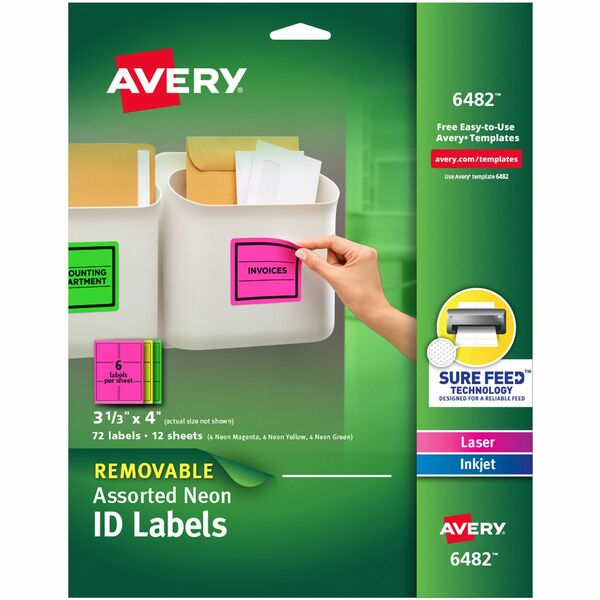Avery® ID Labels - 3 1/2" Width x 4" Length - Removable Adhesive - Rectangle - Laser, Inkjet - Neon Green, Neon Magenta, Neon Yellow - Paper - 6 / Sheet - 12 Total Sheets - 120 Total Label(s) - 72 / Pack