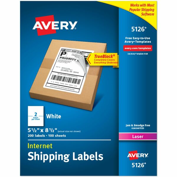 Avery® Internet Shipping Labels, 5.5" x 8.5" , 200 Total (05126) - 5 1/2" Width x 8 1/2" Length - Permanent Adhesive - Rectangle - Laser - White - Paper - 2 / Sheet - 100 Total Sheets - 200 Total Label(s) - 5 - Permanent Adhesive, Jam Resistant, Smudge Resistant, Customizable, Stick & Stay