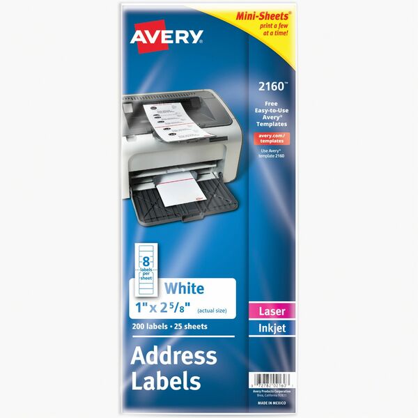 Avery® Mini-Sheets Address Label - 1" Width x 2 5/8" Length - Permanent Adhesive - Rectangle - Laser, Inkjet - White - Paper - 8 / Sheet - 25 Total Sheets - 200 Total Label(s) - 1