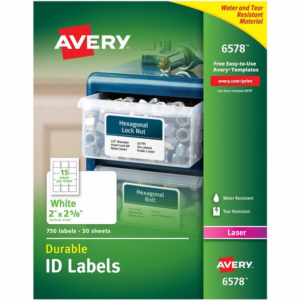 Avery® Permanent Durable ID Laser Labels - Waterproof - 2" Width x 2 5/8" Length - Permanent Adhesive - Rectangle - Laser - White - Film - 15 / Sheet - 50 Total Sheets - 750 Total Label(s) - 5 - Water Resistant - Permanent Adhesive, Durable, Heavy Duty, Scuff Resistant, Tear Resistant, Smudge Resistant