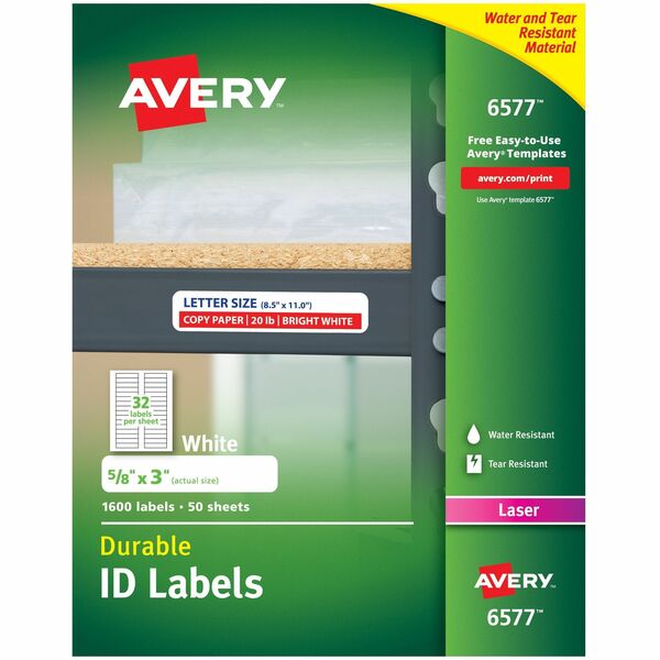 Avery® Permanent Durable ID Laser Labels - Waterproof - 5/8" Width x 3" Length - Permanent Adhesive - Rectangle - Laser - White - Film - 32 / Sheet - 50 Total Sheets - 1600 Total Label(s) - 5 - Water Resistant - Permanent Adhesive, Durable, Heavy Duty, Scuff Resistant, Tear Resistant, Smudge Resistant