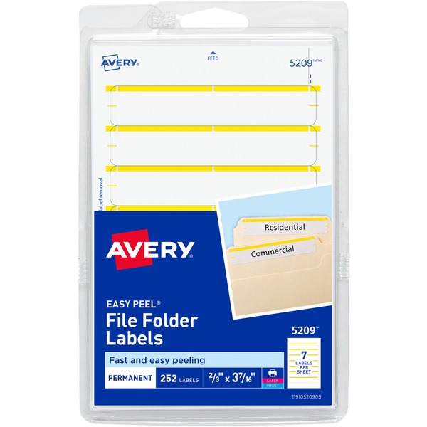 Avery® Permanent File Folder Labels - 11/16" Width x 3 7/16" Length - Permanent Adhesive - Rectangle - Laser, Inkjet - Yellow - 7 / Sheet - 252 / Pack - Self-adhesive