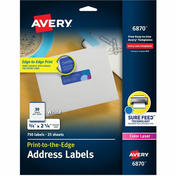Avery® Print-to-the-Edge Copier Address Labels - 3/4" Width x 2 1/4" Length - Permanent Adhesive - Rectangle - Laser - White - Paper - 30 / Sheet - 25 Total Sheets - 750 Total Label(s) - 750 / Pack