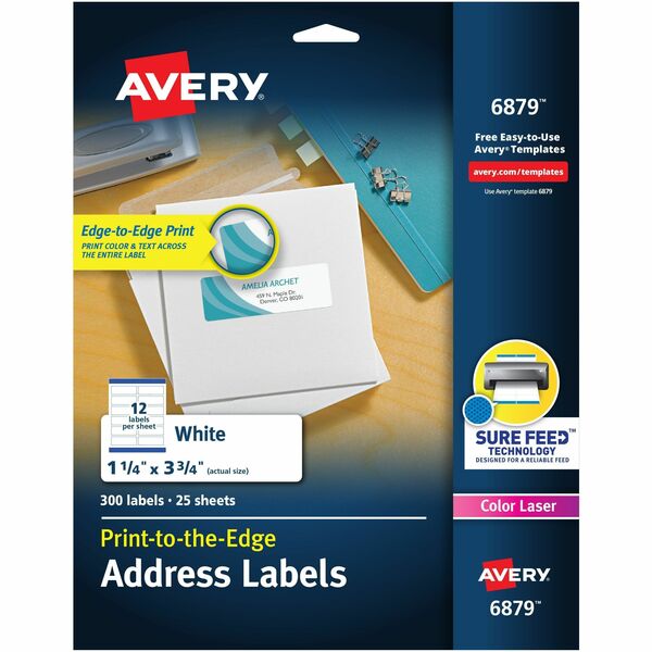 Avery® Print to the Edge Shipping Label 1-1/4"x3-3/4" 300 Labels (6879) - 3 3/4" Width x 1 1/4" Length - Permanent Adhesive - Rectangle - Laser, Inkjet - White - Paper - 12 / Sheet - 25 Total Sheets - 300 Total Label(s) - 300 / Pack - Print-to-the Edge, Permanent Adhesive, Jam Resistant, Customizable