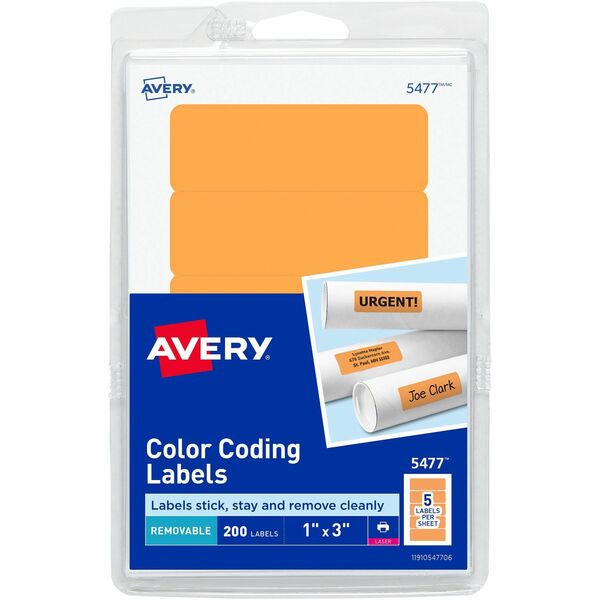 Avery® Rectangular Color-Coding Labels - 1" Width x 3" Length - Removable Adhesive - Rectangle - Laser - Orange - 200 / Pack