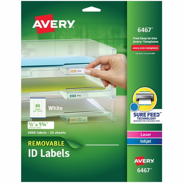 Avery® Removable I.D. Laser/Inkjet Labels - 1/2" Width x 1 3/4" Length - Removable Adhesive - Rectangle - Laser, Inkjet - White - Paper - 80 / Sheet - 25 Total Sheets - 2000 Total Label(s) - 5