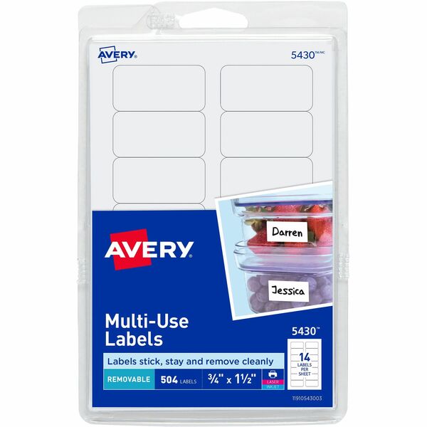 Avery® Removable ID Labels - 1 1/2" Width x 3/4" Length - Removable Adhesive - Rectangle - Laser, Inkjet - White - 504 / Pack - Self-adhesive