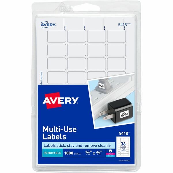 Avery® Removable ID Labels - 1/2" Width x 3/4" Length - Removable Adhesive - Rectangle - Laser, Inkjet - White - 1008 / Pack - Self-adhesive