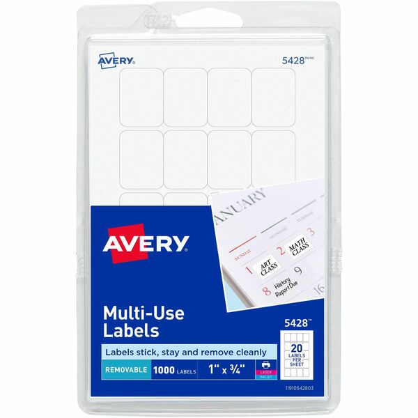 Avery® Removable ID Labels - 1" Width x 3/4" Length - Removable Adhesive - Rectangle - Laser, Inkjet - White - 1000 / Pack - Self-adhesive
