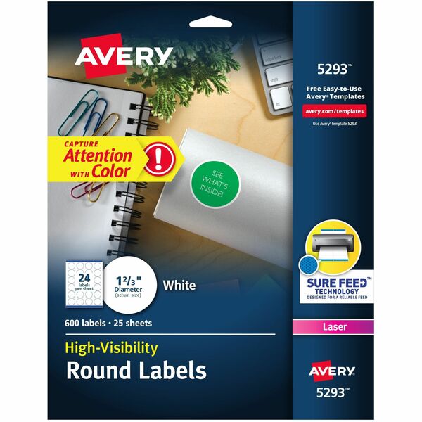 Avery® Round High Visibility Labels - - Width1 5/8" Diameter - Permanent Adhesive - Round - Laser - White - Paper - 24 / Sheet - 25 Total Sheets - 600 Total Label(s) - 600 / Pack