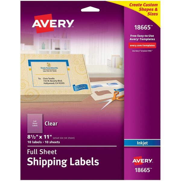 Avery® Shipping Label - 8 1/2" Width x 11" Length - Permanent Adhesive - Rectangle - Inkjet - Frosted Clear - Film - 1 / Sheet - 10 Total Sheets - 10 Total Label(s) - 5 - Permanent Adhesive, Stick & Stay, Customizable