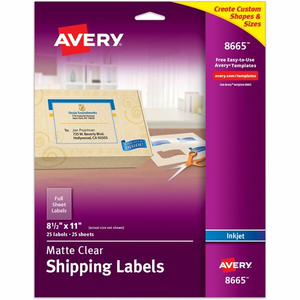 Avery® Shipping Label - 8 1/2" Width x 11" Length - Permanent Adhesive - Rectangle - Inkjet - Frosted Clear - Film - 1 / Sheet - 25 Total Sheets - 25 Total Label(s) - 25 / Pack - Permanent Adhesive, Stick & Stay, Customizable