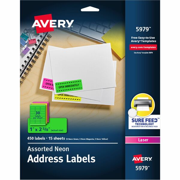 Avery® Shipping Labels - 1" Width x 2 5/8" Length - Permanent Adhesive - Rectangle - Laser - Neon Magenta, Neon Green, Neon Yellow - Paper - 30 / Sheet - 15 Total Sheets - 450 Total Label(s) - 450 / Pack