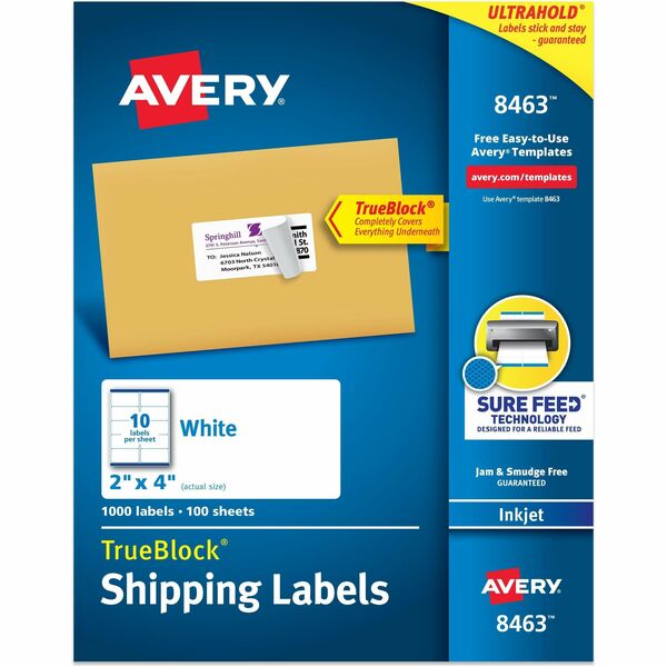 Avery® Shipping Labels, Sure Feed, 2" x 4" 1,000 White Labels (8463) - Permanent Adhesive - Rectangle - Inkjet - White - Paper - 10 / Sheet - 100 Total Sheets - 1000 Total Label(s) - 1000 / Box - Permanent Adhesive, Jam Resistant, Customizable