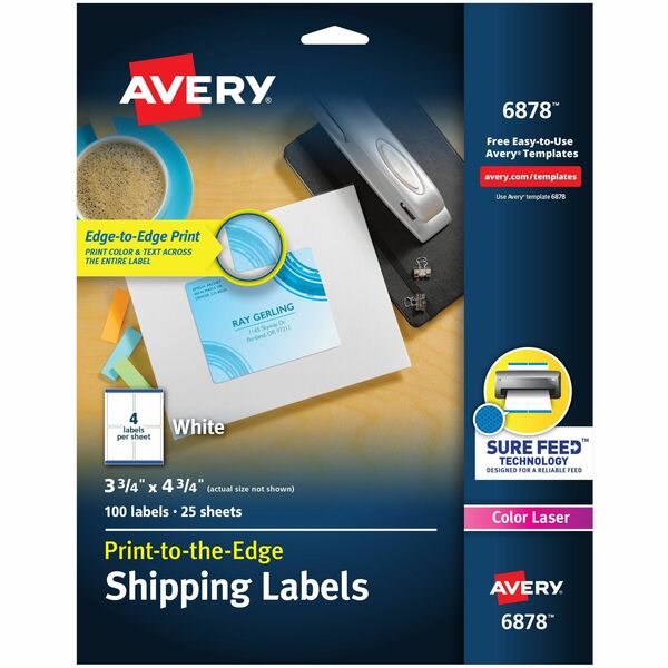 Avery® Shipping Labels, Sure Feed, 3-3/4" x 4-3/4" , 100 Labels (6878) - 3 3/4" Width x 4 3/4" Length - Permanent Adhesive - Rectangle - Laser - White - Paper - 4 / Sheet - 25 Total Sheets - 100 Total Label(s) - 5 - Print-to-the Edge, Permanent Adhesive, Jam Resistant, Bleed Resistant, Customizable