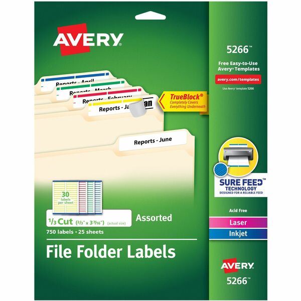 Avery® TrueBlock File Folder Labels - Permanent Adhesive - Rectangle - Laser, Inkjet - Blue, Green, Red, White, Yellow - Paper - 30 / Sheet - 25 Total Sheets - 750 Total Label(s) - 750 / Pack
