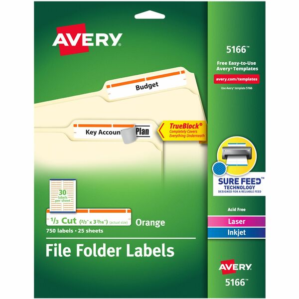 Avery® TrueBlock File Folder Labels - Permanent Adhesive - Rectangle - Laser, Inkjet - Orange - Paper - 30 / Sheet - 25 Total Sheets - 750 Total Label(s) - 750 / Pack