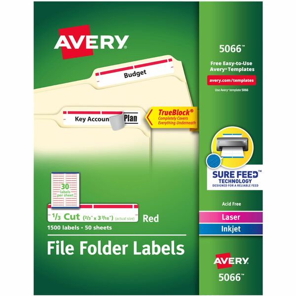 Avery® TrueBlock File Folder Labels - Permanent Adhesive - Rectangle - Laser, Inkjet - Red - Paper - 30 / Sheet - 50 Total Sheets - 1500 Total Label(s) - 1500 / Box
