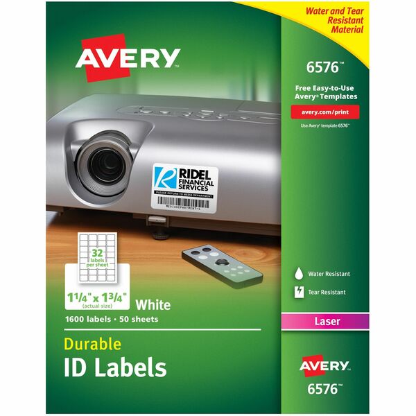 Avery® TrueBlock ID Label - Waterproof - 1 1/4" Width x 1 3/4" Length - Permanent Adhesive - Rectangle - Laser - White - Film - 32 / Sheet - 50 Total Sheets - 1600 Total Label(s) - 5 - Water Resistant - Permanent Adhesive, Durable, Heavy Duty, Scuff Resistant, Tear Resistant, Smudge Resistant