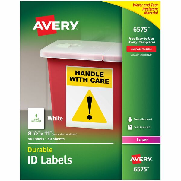 Avery® TrueBlock ID Label - Waterproof - 8 1/2" Width x 11" Length - Permanent Adhesive - Rectangle - Laser - White - Film - 1 / Sheet - 50 Total Sheets - 50 Total Label(s) - 5 - Water Resistant - Permanent Adhesive, Durable, Heavy Duty, Scuff Resistant, Tear Resistant, Smudge Resistant