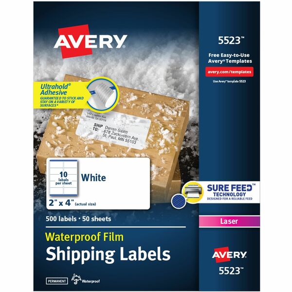 Avery® Waterproof Labels, 2" x 4" , 500 Total (05523) - Waterproof - 2" Width x 4" Length - Permanent Adhesive - Rectangle - Laser - White - Film - 10 / Sheet - 50 Total Sheets - 500 Total Label(s) - 5 - Permanent Adhesive, Durable, Stick & Stay, Customizable, Scuff Resistant, Tear Resistant, Smudge Resistant, Jam Resistant