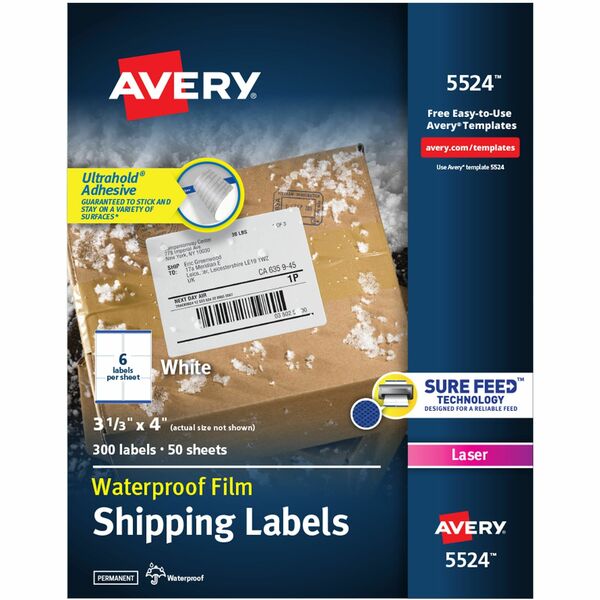 Avery® Waterproof Labels, 3-1/3" x 4" , 300 Total (05524) - Waterproof - 3 21/64" Width x 4" Length - Permanent Adhesive - Rectangle - Laser - White - Film - 6 / Sheet - 50 Total Sheets - 300 Total Label(s) - 5 - Permanent Adhesive, Customizable, Stick & Stay, Jam Resistant, Scuff Resistant, Tear Resistant, Smudge Resistant