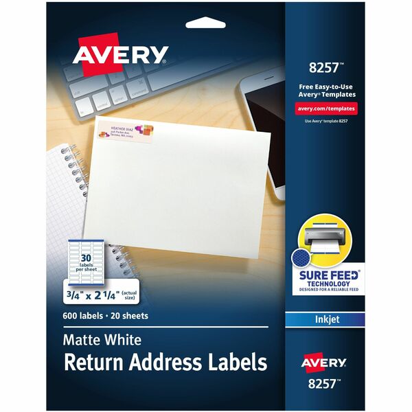 Avery® White Return Address Labels, Sure Feed®, 3/4" x 2-1/4" , 600 Labels (8257) - 3/4" Width x 2 1/4" Length - Permanent Adhesive - Rectangle - Inkjet - White - Paper - 30 / Sheet - 20 Total Sheets - 600 Total Label(s) - 600 / Pack - Print-to-the Edge, Permanent Adhesive, Stick & Stay, Jam Resistant