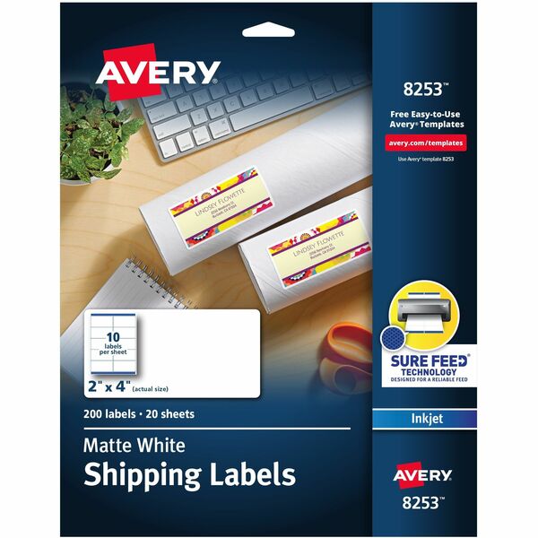Avery® White Shipping Labels, Sure Feed®, 2" x 4" , 200 Labels (8253) - 2" Width x 4" Length - Permanent Adhesive - Rectangle - Inkjet - White - Paper - 10 / Sheet - 20 Total Sheets - 200 Total Label(s) - 5 - Permanent Adhesive, Jam Resistant, Customizable
